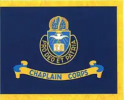 Old United States Army Chaplain Corps Flag ("Regimental Color") incorporating former Chaplain Corps seal with symbols of Christian and Jewish Chaplains