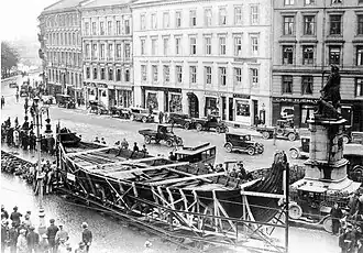 Moving the ship on rails to its current location at Bygdøy, September 1926.