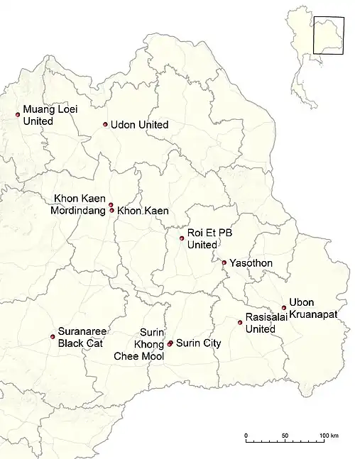 Locations of the 2024–25 Thai League 3 Northeastern Region clubs