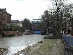 The River Foss Barrier (closed), viewed from the north (Castle Mills Basin), 53°57′11″N 1°04′44″W﻿ / ﻿53.95295; -1.078769