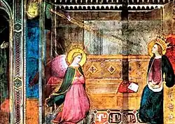 One of the first Oriental carpets in a European painting, attributed to the legendary Friar Bartolomeo, Annunciation, 13th Century, the Church of Santissima Annunziata, Florence.[16]