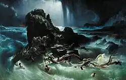 A rocky outcrop is surrounded by a swirling torrent of water under dark storm-clouds. A cluster of people swept into the water cling to shattered tree-trunks. An angel hovers over them.