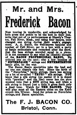 Frederick Bacon, Cassie Bacon, advertisement Dec 1907, selling banjos and strings