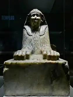 Small gneiss sphinx inscribed with the name of Amenemhat IV that was reworked in Ptolemaic times now is on display at the British Museum.[1]