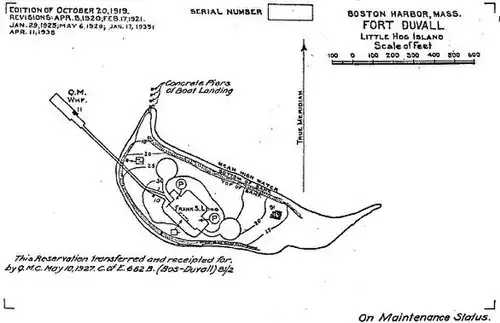 A 1938 map of Fort Duvall, with Battery Long, indicated. Gun 2 is on the left. At that time, Hog Island was not connected to Hull.