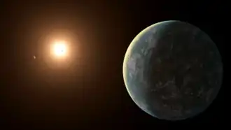 Image showing a red star and three planets. GJ357d is green and covered with life.