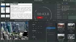 Image 3GNOME Shell, GNOME Clocks, Evince, gThumb and GNOME Files at version 3.30, in a dark theme