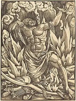Black-and-white woodcut: the tortured figure of Hercules, surrounded by flames, lifts his arms to heaven in supplication. His musculature is defined in detail.