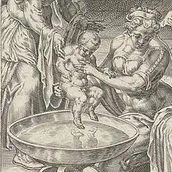 Gravure of bathing of the baby Peres