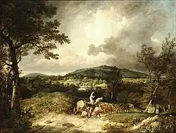 A view south across Newtown from Sandleford by George Arnald (1763–1841), Wood gatherers, with Highclere Castle, and Beacon and Siddon hills in the distance, 1805.