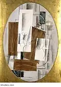 Georges Braque, 1914, Violon et verre (Violin and Glass), oil, charcoal and pasted paper on canvas, oval, 116 × 81&nbsp;cm, Kunstmuseum Basel