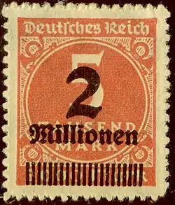 Germany, 1923: Five thousand mark value overprinted to two million