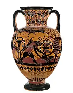 A vase painted in black-figure style, depicting a standing man who pierces a lying man with a sword