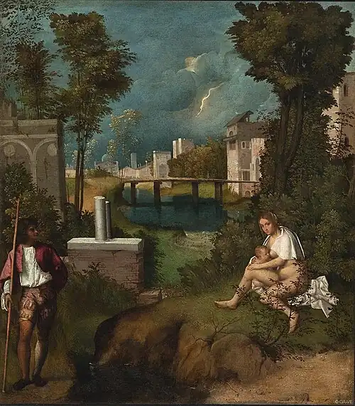 Oil painting. A mysterious landscape with Classical ruins. A man stands to the left, and to the right a nude woman feeds a baby