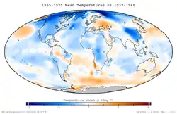 Image 7Mean temperature anomalies during the period 1965 to 1975 with respect to the average temperatures from 1937 to 1946. This dataset was not available at the time. (from History of climate change science)