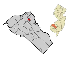 Map of Woodbury Heights highlighted within Gloucester County. Inset: Location of Gloucester County in New Jersey.