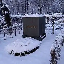 Oswald Spengler's grave on a snowy day.