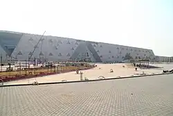 Construction site showing the exterior of the Grand Egyptian Museum under construction