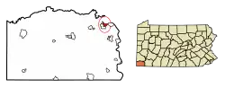 Location of Rices Landing in Greene County, Pennsylvania (left) and of Greene County in Pennsylvania (right)