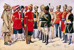 A painted illustration showing a group of men wearing various 19th Century military uniforms&nbsp;– some wearing sand-coloured tunics, some red and some black. All of the men are wearing turbans of various colours.