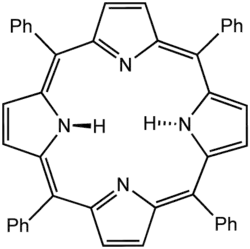 Tetraphenylporphyrin (H2TPP)is another synthetic analogue of protoporphyrin IX. Unlike the natural porphyrin ligands, TPP2− is highly symmetrical. Another difference is that its methyne centers are occupied by phenyl groups.