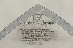Inscription and coat of arms of a donor, red chalk