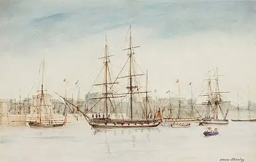 In 1837 HMS Beagle set off on a survey of Australia, and is shown here in an 1841 watercolour by Captain Owen Stanley of Beagle's sister ship HMS Britomart.
