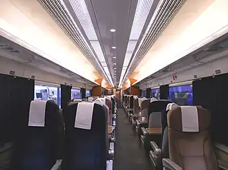 The interior of a GNER 'Project Mallard' refurbished Mark 3 First Class