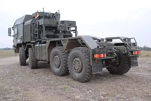 Rear three-quarter shot showing winch assembly of an HX81 tank transporter