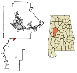 Location of Moundville in Hale County and Tuscaloosa County, Alabama.