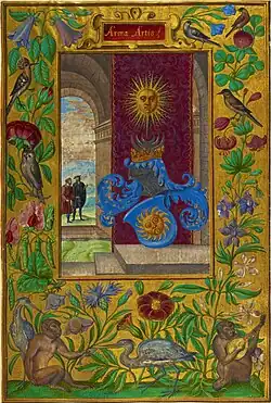 Weapons of the Art: Two golden suns with man-like faces, one displayed on a shield.