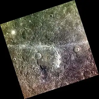Exaggerated color image of Harunobu and vicinity. Note the very dark material in the southwestern part of the crater.