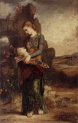 Thracian Girl with Head of Orpheus on his Lyre; by Gustave Moreau; 1865; oil; 154 × 99.5&nbsp;cm; Musée d'Orsay (Paris)