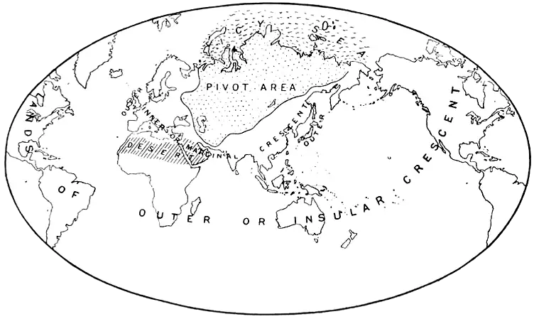 A crude world map with various zones of influence written on them