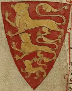 The Plantagenet coat of arms, gules three lions passants guardants or, origin of the Royal Arms of England[7]
