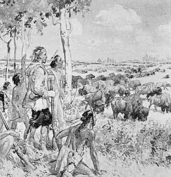 Henry Kelsey in the company of American Indians observing bison on the plains. Lithograph.