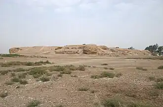 Photo of a mound of ruins in a barren field