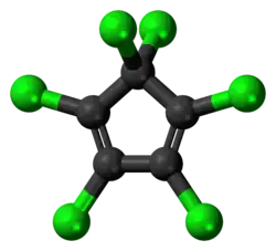 Ball-and-stick model of hexachlorocyclopentadiene