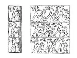 Nekhen ivory cylinder seal with impression of king smiting a captive (drawing)[38]