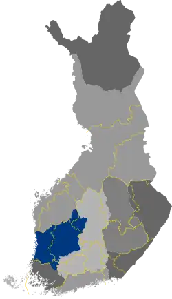 Historical province of Satakunta in blue (borders of the modern regions in yellow)