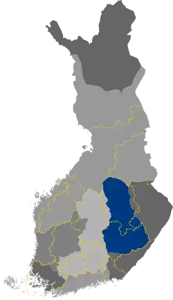 Historical province of Savo in dark blue (modern regions bordered in yellow)