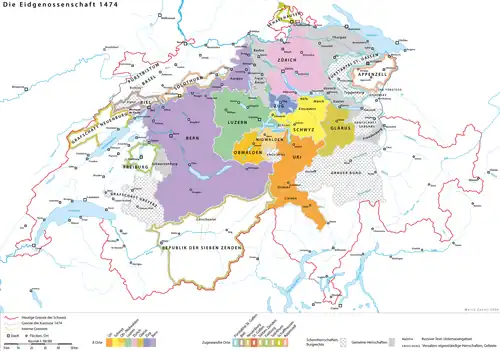 Switzerland in 1474, before the Burgundian Wars.