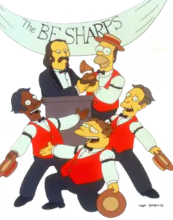 Four barbershop quartet singers, with one handing an award to a mustached man in a suit