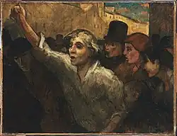 Painting of a woman raising her fist in a crowd