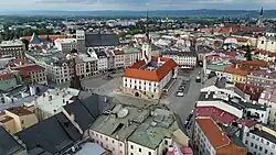 Upper Square (Horní náměstí), the historic city centre (left: Holy Trinity Column; middle: Olomouc City Hall)