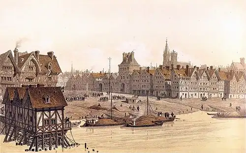 Engraving by Theodor Josef Hubert Hoffbauer (1885) showing how he envisioned the Hôtel de Ville in 1583