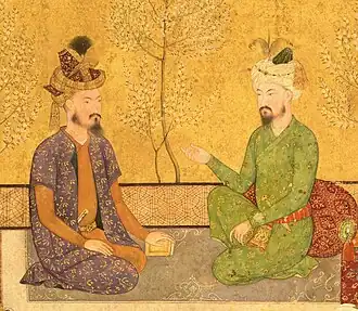 16th century Mughal Emperor Babur and his heir Humayun wearing turbans (ca 1640).