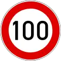100&nbsp;km/h sign following the most common implementation of the Vienna Convention style (Hungary)