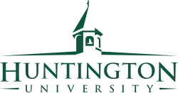 Green-colored logo consisting of a belltower topped with a small cross above the words Huntington University.