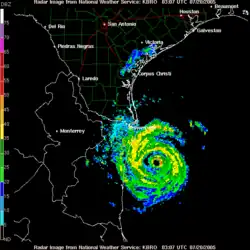 Radar imagery depicts Hurricane Emily near its final landfall